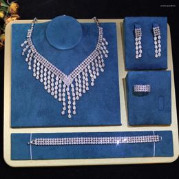 Necklace Earrings Set ZY UNIQUE Luxury White 4-piece CZ Paved Tassel Water Drop Women Big Costume For Brides Wedding ZY051