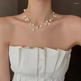 Choker Natural Pearl Necklace For Women Handmade Beaded Multi-layer Clavicle Short Chain Delicate Light Luxury Bridal Party Accessories