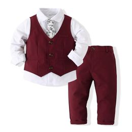 Suits Kids Boy Gentleman Clothing Set Long Sleeve Tie Shirt Waistcoat Pants Toddler Boy Formal Outfits Wedding Party Dress Outfits 230424