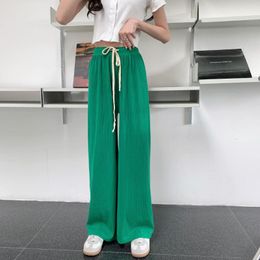 Women's Pants Draw String Elastic Waist Female Wide-legged Trousers Solid Color Floor-Length Loose Woman Pleated Casual Lady