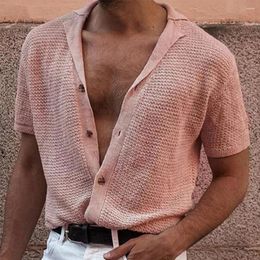 Men's Casual Shirts Summer Men Short Sleeve Knitted Shirt Button-up Turn-down Collar Blouse Male Fashion Pure Color Knit Streetwear