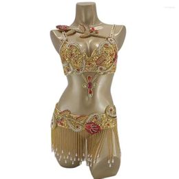 Stage Wear Handmade Beads Rose Flower Belly Dance Professional Costume Sexy Samba Carnival Festival Outfit Women Crystal Bra Tassel Belt