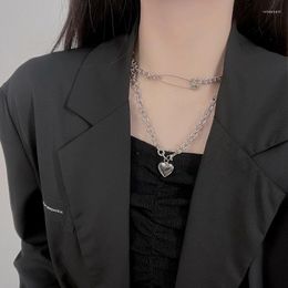 Chains Necklace For Women Double Layer Titanium Necklaces Pins Hearts Pendant Trend Neck Silver Color Korean Fashion Couples Party Gift