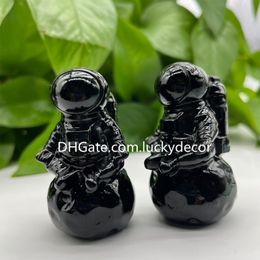 Hand Carved Natural Black Obsidian Astronaut Figurine Arts Good Fortune Quartz Crystal Stone Spaceman Skull Sculpture Mineral Specimen Self Standing Ornament