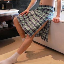 Men S Sexy Double Split Nightdress Bathrobe Pamas Women English Plaid Skirt Pocket Short Skirts