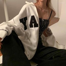 Women's Hoodies 2023 Trendy Letter Print Women Hooded Sweatshirt Street Simple Long Sleeve Zip Loose Jacket Girl Hoodie Contrast Stitch Coat