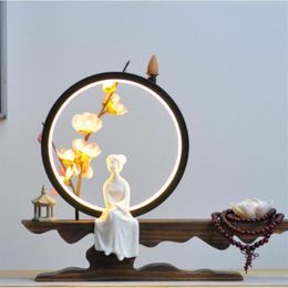 Fragrance Lamps Zen Backflow Incense Burner Holder Smoke Waterfall Sticks Led Lamp Ring Ornaments Living Room Office Desk Decor245f