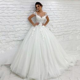 Wedding Dress Elegant Sheer Neck Princess Dresses A-line Tulle Cap Sleeves Country Bridal Gown Plus Size Bride Robe De Mariee