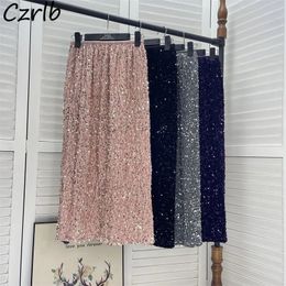 Skirts Elegant Chic Sequined Skirts Women Midi Straight Hip Wrap Velvet Ulzzang All-match Loose Spring Summer Solid Female Mujer Causal 231124