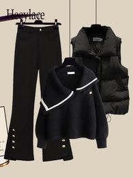 Women s Two Piece Pants Fall Winter Warm Sets For Womens Slash Neck Knitted Sweater parkas Vest split Button Flare Three Pieces Female Outfit 231123