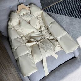 Women's Winter Short Puffer Coat Thicken Fluffy Feather Parkas With Belt Female Duck Down Jacket Oversized Outwear