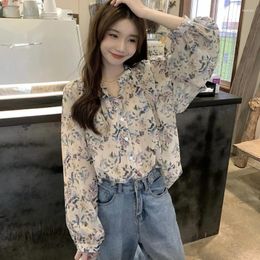 Women's Blouses Sweet Floral Printed Shirt Korean Long Sleeved Sunscreen Chiffon Blouse Single-breasted Loose Casual Women Tops