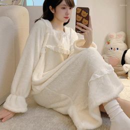 Women's Sleepwear Winter Nightgown Women Flannel Fleece Lace Nightdress Warm Thicken Sweet Princess Pajamas Home Dressing Gown Nightwear