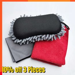 New 3Pcs Car Wash Cleaning Tools Chenille Cleaning Sponge Wipe Glass Towel Microfiber Cleaning Cloth Drying Towel Auto Detailing