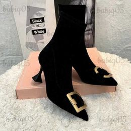 Boots 2023 Korean Version of Rhinestone Design Booties Women's Single Boots Elastic Booties Slim Black Stilettos Autumn Women's Boots T231124