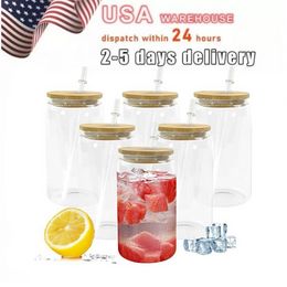 USA STOCK 16-Unzen-Wasserflaschen, Sublimationsbecher mit Bambusdeckel, Strohglasbecher, DIY-Rohlinge, durchsichtige Dosenbecher, Wärmeübertragung, Eiskaffee, Whiskey-Trinkgeschirr