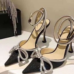 MACH Glitter Rhinestones Women Dress Shoes 9CM Pumps Crystal bowknot Satin Summer Lady Sandals Genuine leather High heels Party Prom Shoes