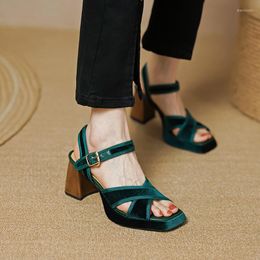 Sandals 2023 Women Natural Leather 22-25cm Flock Sheepskin Pigskin Cross Tied Ankle Buckle Summer Shoes Fashion