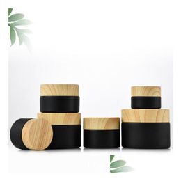 Packing Bottles Wholesale Black Frosted Glass Jars Cosmetic With Woodgrain Plastic Lids Pp Liner 5G 10G 15G 20G 30 50G Lip Balm Crea Dh5Wx