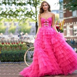Strapless Ruffle A-Line Prom Dresses Bow Tie Cut-out Layered Special Occasion Dress Tiere Tulle Event Party Gown