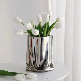 Vases Light Luxury High-grade Sense Ceramic Material Electroplated Metal Vase Decoration Living Room Flower Arrangeme