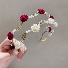 Luxurious Elegant Rose Vine Hair Hoop Headband Women Girl Vintage Metal Flower Pearl Headdress Hairbands Ladies Hair Accessories