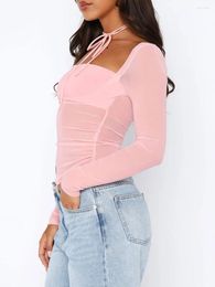 Women's T Shirts Women Long Sleeve Mesh Crop Tops Sexy Cute Shirt Sheer T-shirt Square Neck Going Out Top Y2k Fall Streetwear