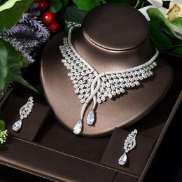 Necklace Earrings Set HIBRIDE Luxury Big 2pcs Water Drop Pendant Sets White Color CZ Jewelry For Women Bridal Wedding Accessories N-1243