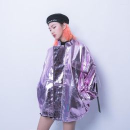 Women's Jackets Street Hip Hip-hop Cool Reflective Bright Face Letter Ribbon Long Sleeved Loose Jacket Men And Women