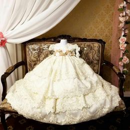 Girl Dresses 2023 Luxury 3D Hand Made Flower First Communion Jewel Neck Lace Baptism With Bonnet For Baby Kids Wear
