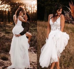 2023 Summer Country Wedding Dress Bridal Gowns A Line Sweep Train Appliques Lace Spaghetti Straps Backless Boho Beach Bride Dresses