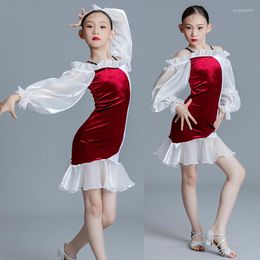 Stage Wear Latin Dance Dress For Girls Bubble Sleeve Velvet Practise Chacha Rumba Tango Samba Clothes DN14283