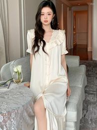 Women's Sleepwear Women Korean Silk Pyjama Summer Nightgowns Loose Embroidered Ruffles Cardigan Nightdress Vintage Princess Victorian