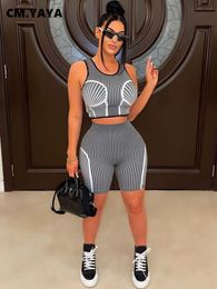 Women's Tracksuits CM.YAYA Striped Active Women's Set Tank Top and Legging Shorts Suit 2023 Yoga Fitness Fashion Two 2 Piece Set Outfit Tracksuits P230419