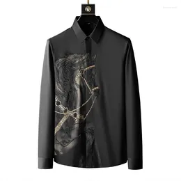 Men's Casual Shirts Luxury Men Long Sleeve Smart Black White Shirt Sequin Horse Print Single Breasted Plus Size M-5XL Camisa Masculina