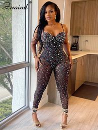 Women's Jumpsuits Rompers Znaiml Luxury Birthday Night Club Party and for Women Sexy Mesh Sheer Colourful Diamonds Overalls 231123