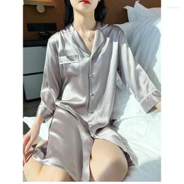 Women's Sleepwear Solid Color Heavy Silk Nightgown Women Cropped Sleeve Fashion Home Clothes Shirt Dress