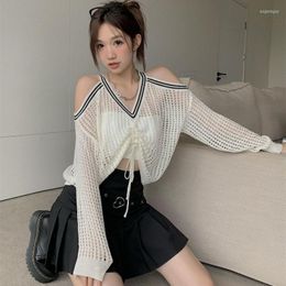 Women's Blouses Off Shoulder Hollow Out Shirts Elegant And Youth Woman Blouse Drawstring Knitted V Neck Tops Vintage Y2k 2023 Fashion