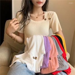 Women's Sweaters Ice French Short Sleeved Sweater Spring Summer 2023 Slim T-shirt Square Collar Button Thin Blouse Women