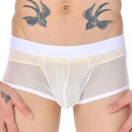 Underpants Men Underwear Mesh Holes Sexy See Through Boxer Shorts Low Waist U Bugle Pouch Panties Hollow Masculina Calzoncillos