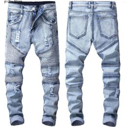 Men's Jeans Distressed Ripped Pleated Motorcycle Pants Biker Fashion Denim Mens Elastic Slim Men Mid