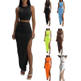 Work Dresses Women Summer Fashion 2 Pieces Outfits Solid Colour Crew Neck Sleeveless Tank Tops Wrapped Hip High Slit Long Skirts Set