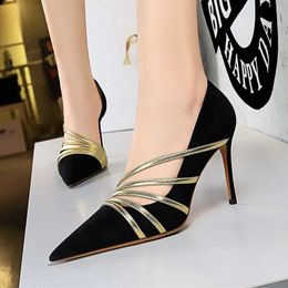 Fashion Gold Tape Hollow Women's Shoes 2022 New Black Flock Pointy Toe Female Pumps High Heels 9cm Ladies Party Dress Sexy 230424