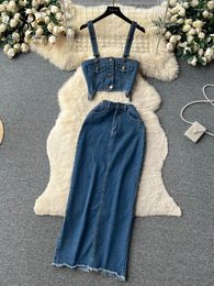 Work Dresses SINGREINY High Street Denim Suits Strap Cardigan Mini Top Zipper Bodycon Split Skirt Women Summer Fashion Senior Two Pieces