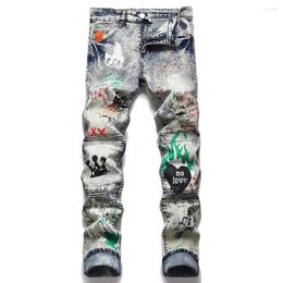 Men's Jeans Men's Blue Printed Stretch Denim Streetwear Patchwork Painted Biker Pants Holes Ripped Distressed Slim Tapered Trousers