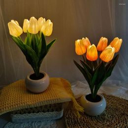 Night Lights LED Light Creative Six Branches Tulips Potted Artificial Flower Bedside Lamp Wedding Living Room Home Decoration