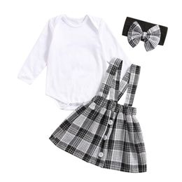 Clothing Sets 2023 0-24M Infant Baby Girl Clothes Set Wihte Solid Long Sleeve O Neck Romper Button Plaid Print Suspender Skirt Headband Fall