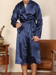 Men's Sleepwear Solid Colour Satin Robe Soft Long Sleeve Kimono Bathrobe With Belt Loose Home Loungewear