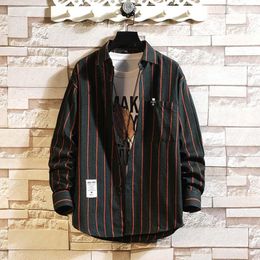 Men's T Shirts Male Casual Autumn Striped Print Shirt Turn Down Collar Long Sleeve Pocket