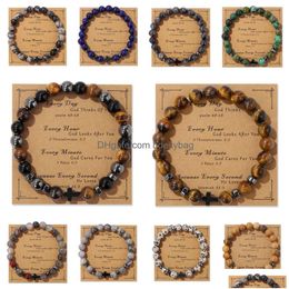 Beaded Natural Stone Tiger Eye Beads Hematite Cross Bracelet Mes Card Kraft Paper Jewellery Nce Reiki Buddha Prayer Yoga For Drop Delive Dhwkz